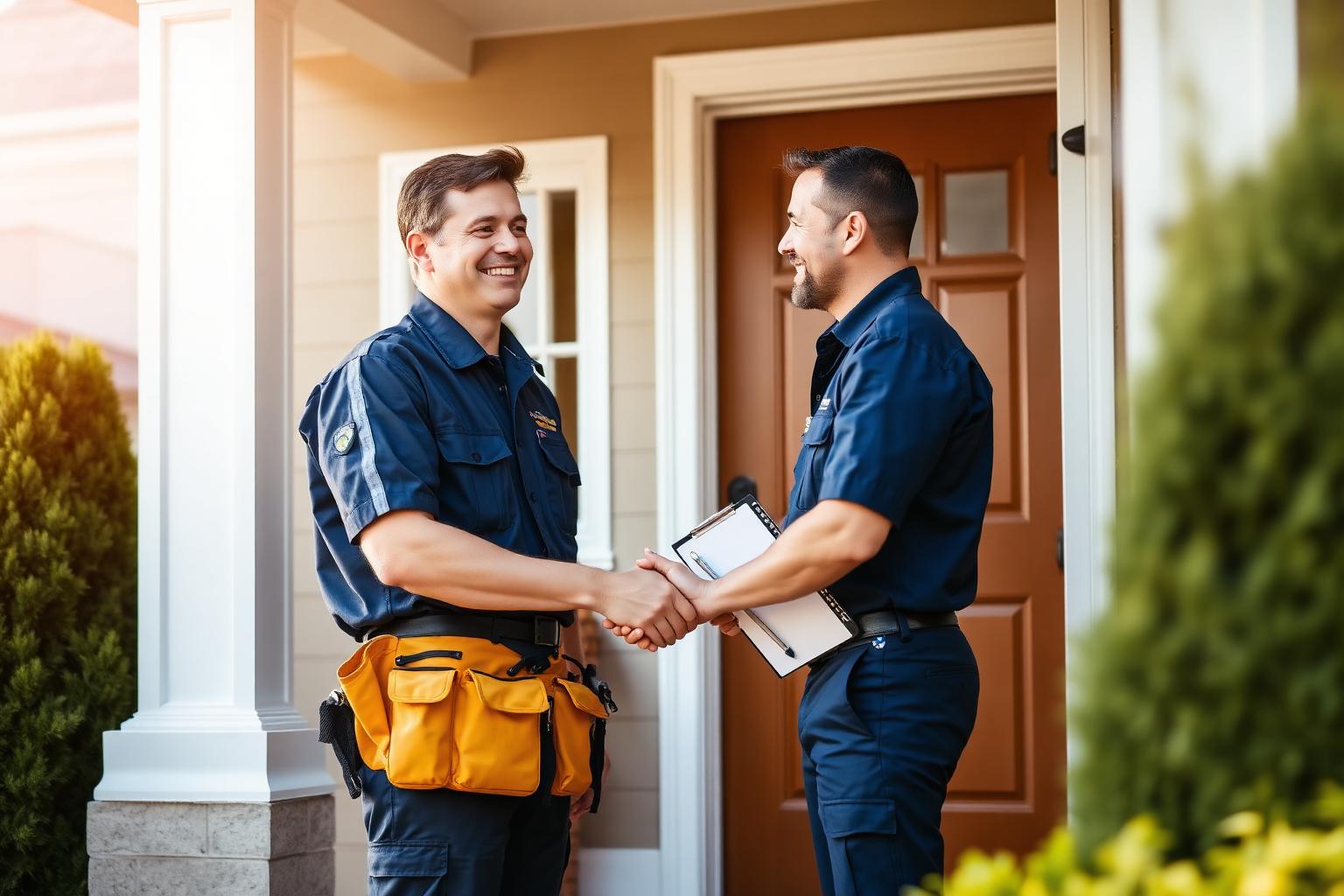 Friendly service technician greeting a customer at the front door